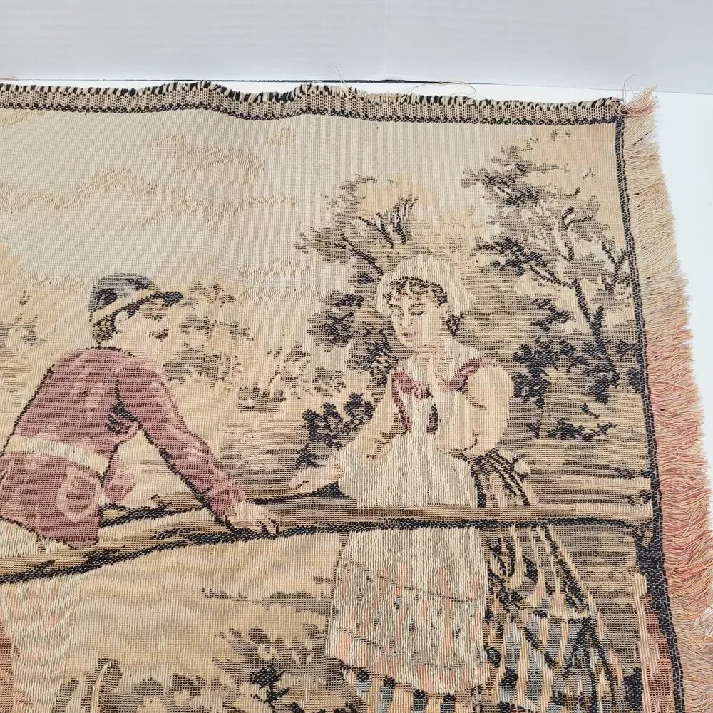 Vintage Italian Woven Tapestry Courting Couples on Bridge Made in Italy 36